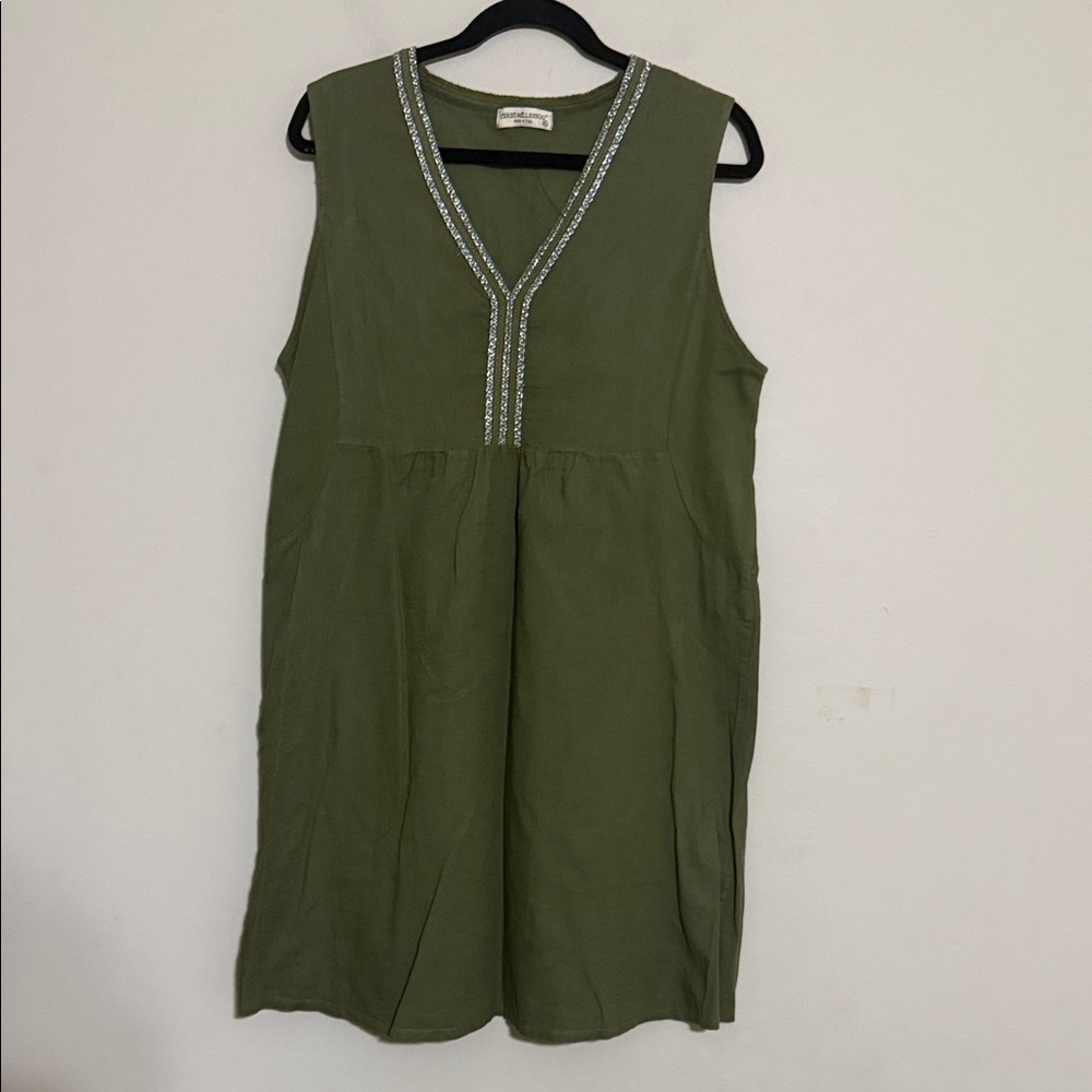 Terzo Millennio Olive Green Sleeveless mini linen Dress women XL casual office